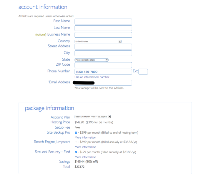 Enter account and package information when you start a blog