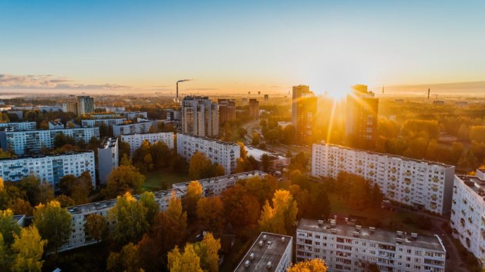 city landscape at sunrise morning city view in fall