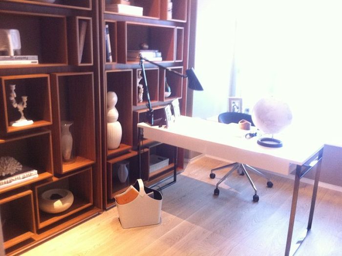 shelves desk lamp globe den chair window natural light Renovation = Successful Home-Based Business