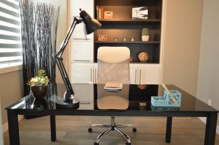 home office lamp desk chair bookcase file cabinets plants Renovation = Successful Home-Based Business