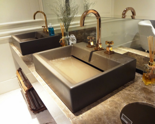double rectangular sinks in bathroom with curved faucets mirror Improve Your Family Bathroom Without All The Hard Work