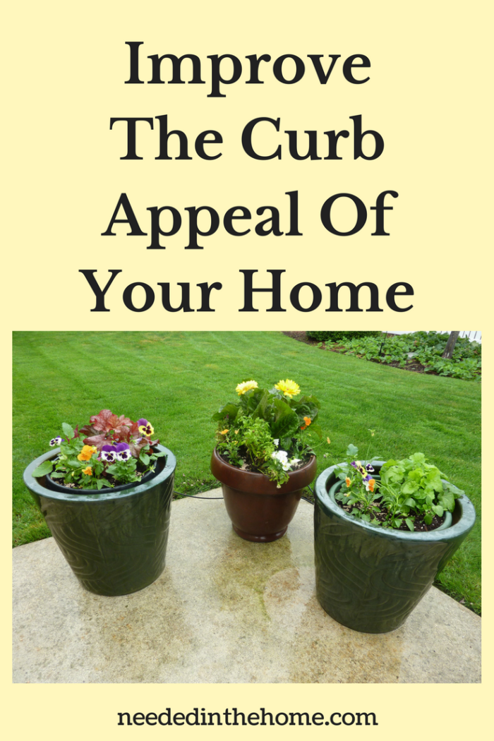 pots of flowers on sidewalk green grass improve the curb appeal of your home neededinthehome.com
