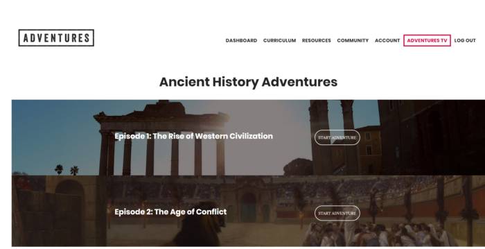 screenshot of Drive Thru History Adventures Ancient History Adventures page with menu of Episodes for product review