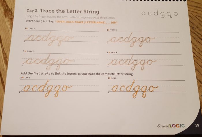 cursivelogic day 2 trace the letter string page in the workbook