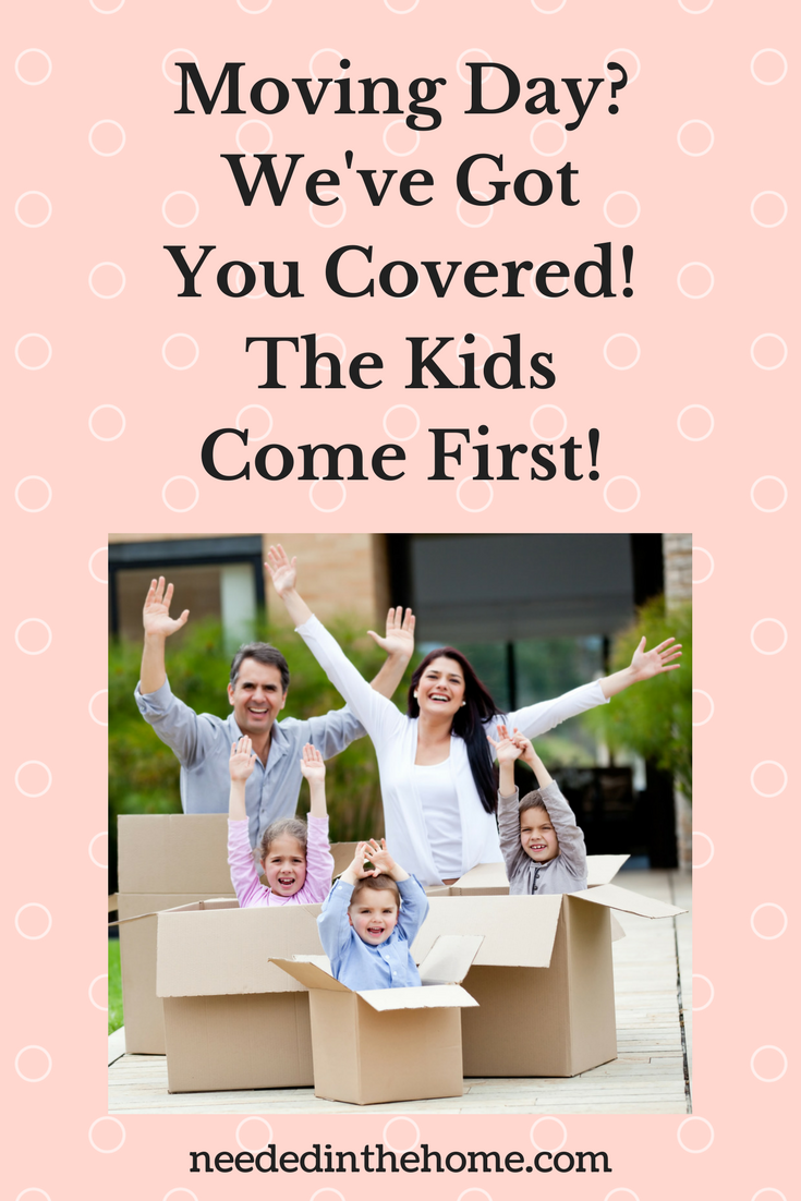 Moving Day? We've Got You Covered - The Kids Come First a family of five sitting in moving boxes with hands up neededinthehome
