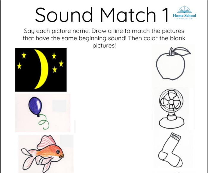 Home School Navigator screen snippet of Sound Match 1 worksheet in Level Red