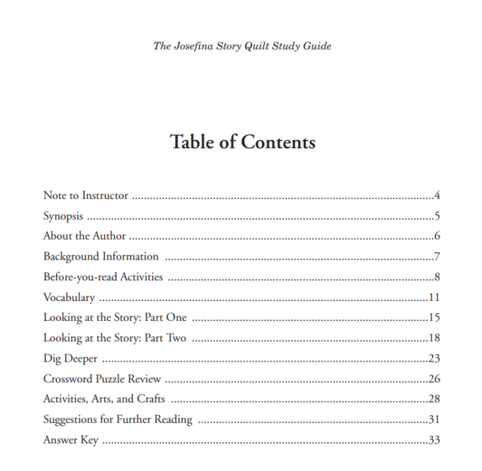 The Josefina Story Quilt Study Guide Table of Contents