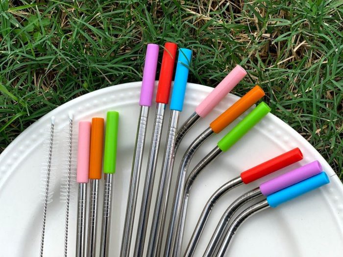reusable straws for sale online silver stainless steel straws with colorful silicone tips on plate grass cleaning brush