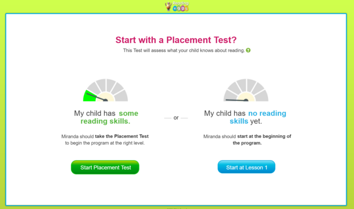 Reading Eggs workbook review start with a placement test online subscription snippet