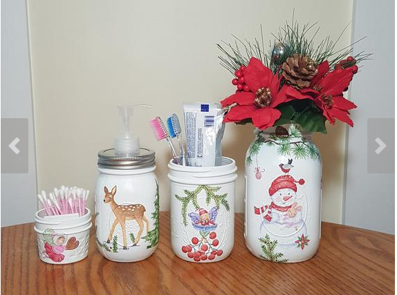 snowman bathroom set of handpainted mason jars to decorate your bathroom with jars of qtips lotion toothbrushes and paste artificial poinsettia