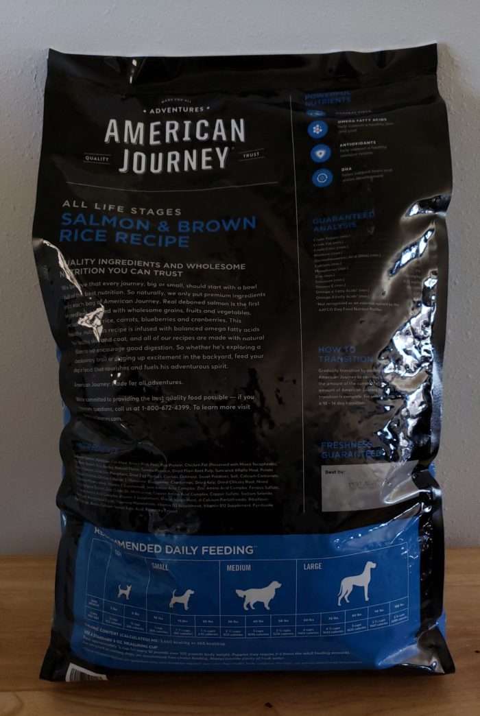 Honest Chewy.com review back side of American Journey Salmon & Brown Rice Recipe dog food for all life stages