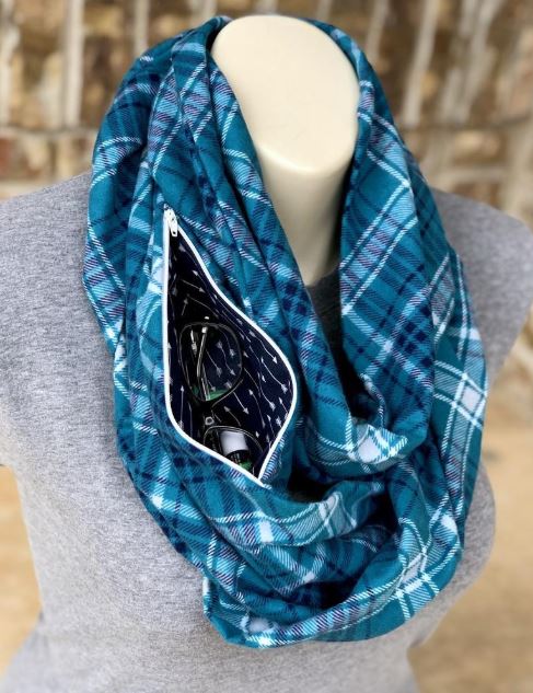 Mother's Day Gift Ideas for Your wife blue plaid infinity scarf with hidden zipper pocket