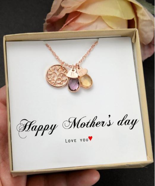 Happy Mother's Day Love You family tree personalized birthstone necklace.