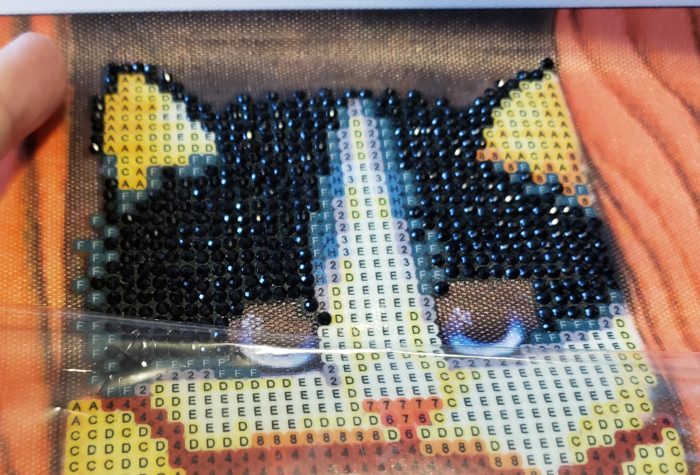 Diamond painting tutorial peel the clear plastic cover downward cat image with rhinestones top of canvas