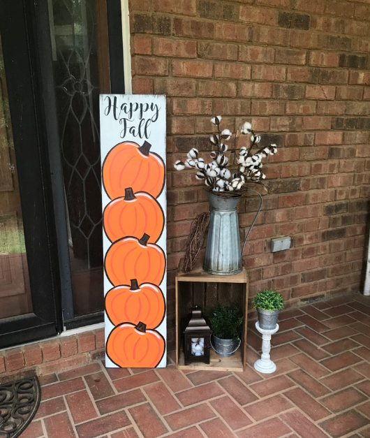 Pumpkin Frost home decor Happy Fall wooden painted sign white with orange pumpkins silver vase cotton plants trinkets on porch