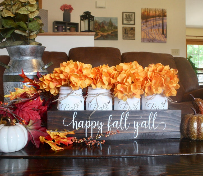 Pumpkin Frost home decor happy fall y'all wooden caddy with white mason jars orange hydrangea flowers living room decor