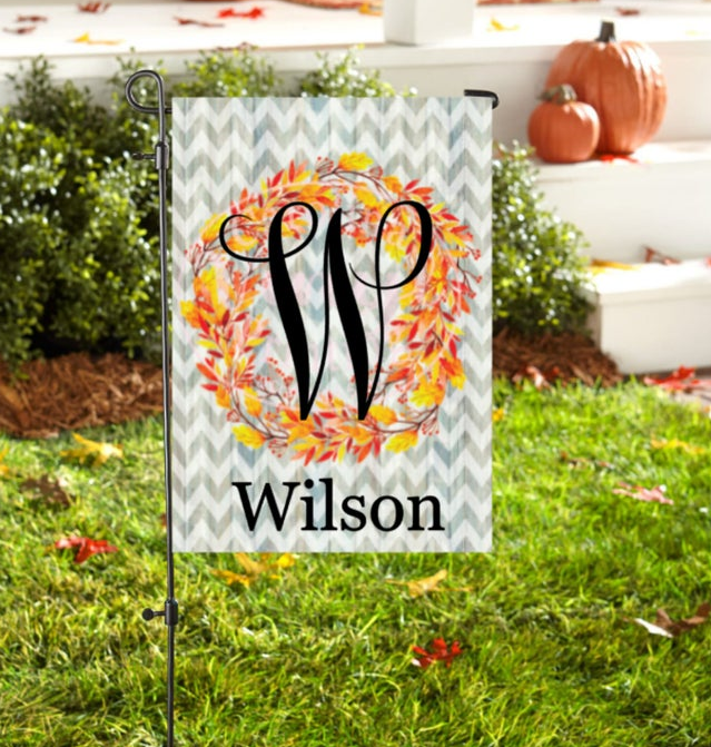 Pumpkin Frost home decor yard sign wreath of fall leaves initial W Wilson in grass