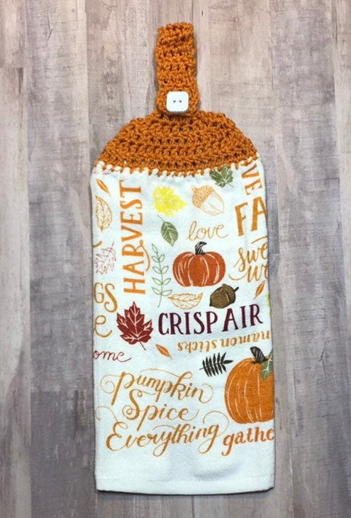 Pumpkin Frost home decor crochet top hanging kitchen towel with fall wording