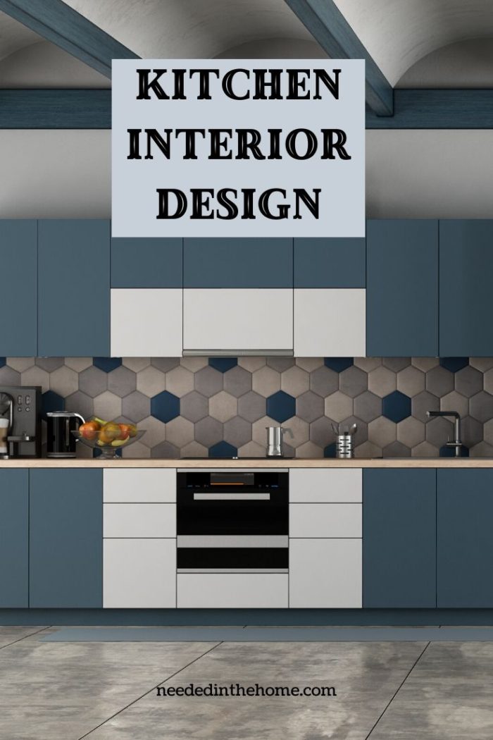 Kitchen Interior Design blue cabinets stone backsplash oven range neededinthehome