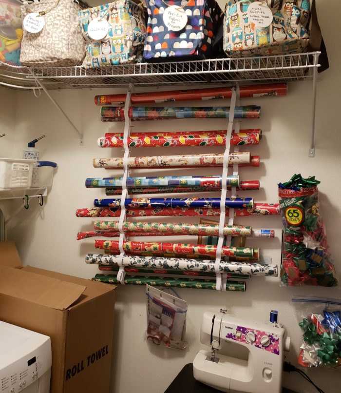 Make a wrapping station laundry room scene of gift wrap bows tags sewing machine bags dryer paper goods