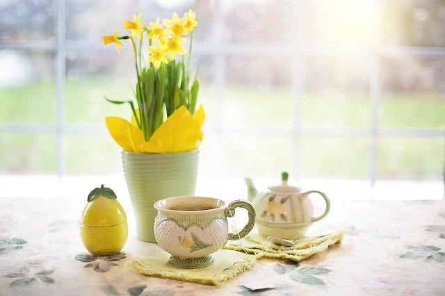 Upgrade your home yellow daffodils tea setting window sunny