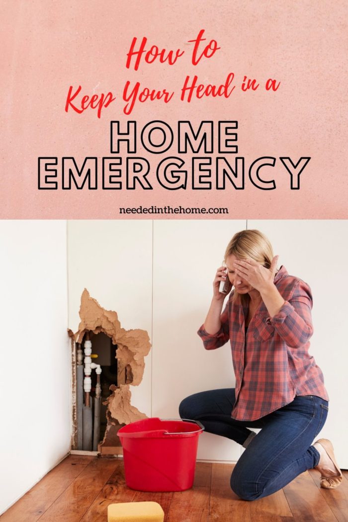 pinterest-pin-description how to keep your head in a home emergency woman stressed about pipes leaking in wall neededinthehome