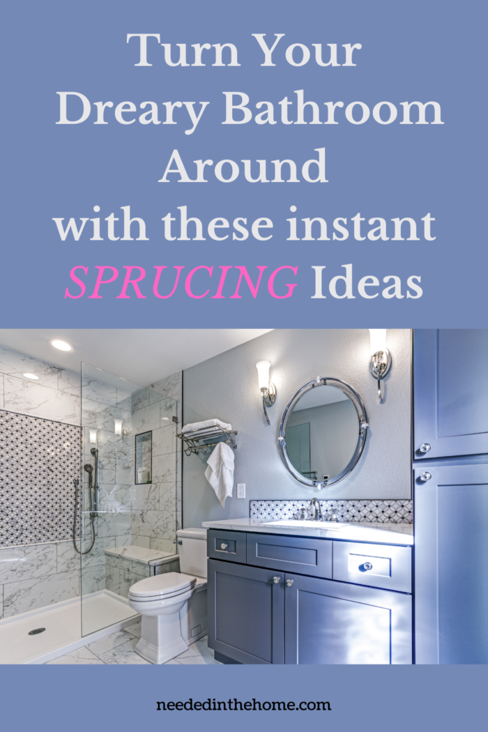 pinterest-pin-description turn your dreary bathroom around with these instant sprucing ideas circle mirror painted vanity and cupboards in blue bathroom neededinthehome