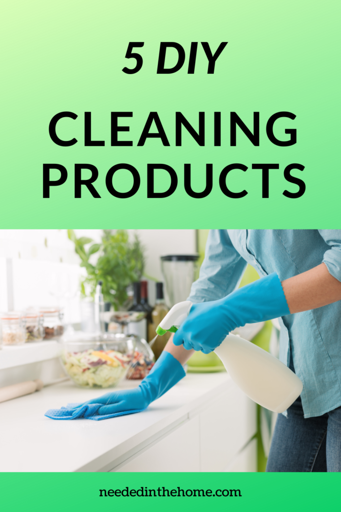 pinterest-pin-description 5 diy cleaning products woman wearing gloves spraying counter to wash it neededinthehome