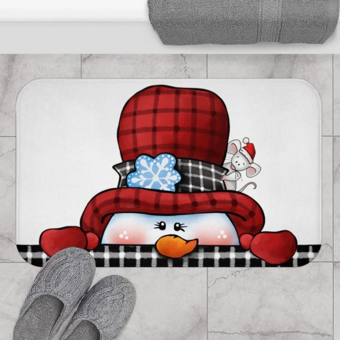 snowman bathroom sets peeking bath mat with slippers and bath towel nearby