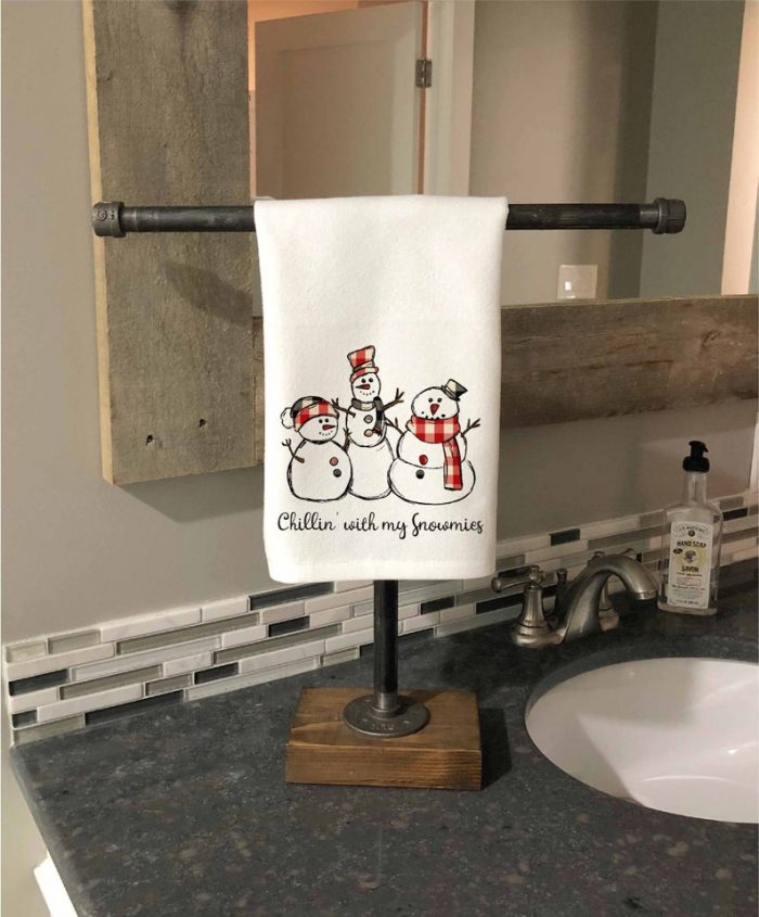 snowman bathroom set hand towel with three snowmen and wording chillin' with my snowmies 