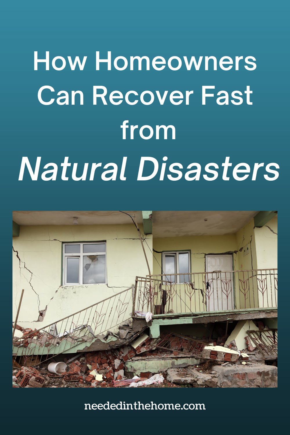 pinterest-pin-description how homeowners can recover fast from natural disasters yellow one story home wrecked cracked by earthquake neededinthehome