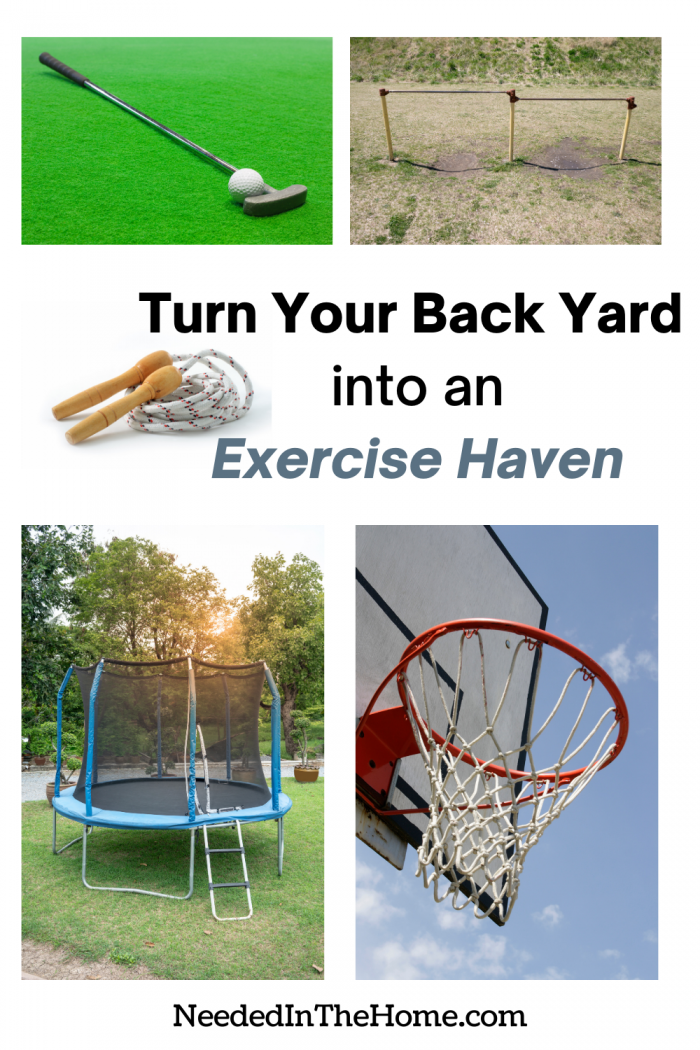 pinterest-pin-description Turn Your Back Yard into an Exercise Haven mini golf horizontal bars jump skipping rope trampoline basketball hoop neededinthehome
