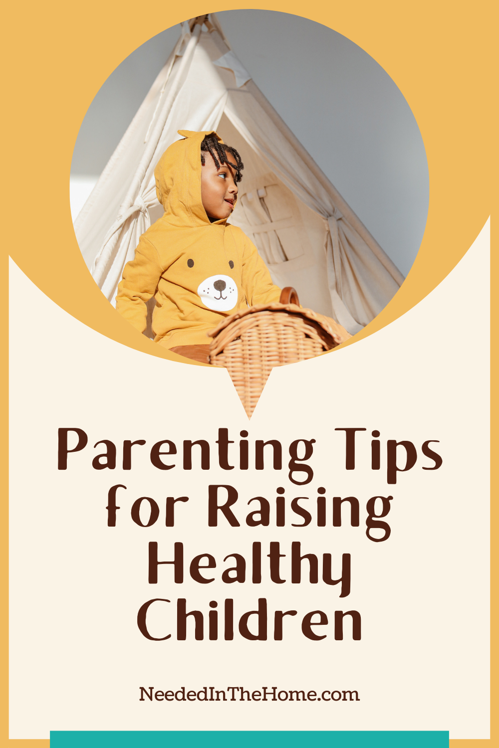 pinterest-pin-description parenting tips for raising healthy children boy in yellow lion hoodie in front of play fort neededinthehome