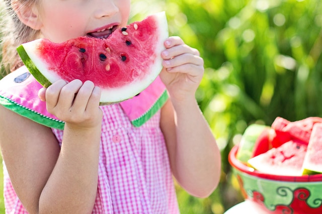 when your kid is a fussy eater girl in pink gingham dress eating a slice of watermelon