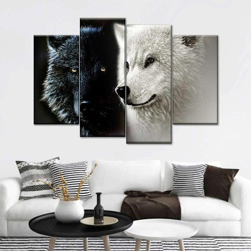black and white wall arts wolves art black wolf white wolf above white couch in living room