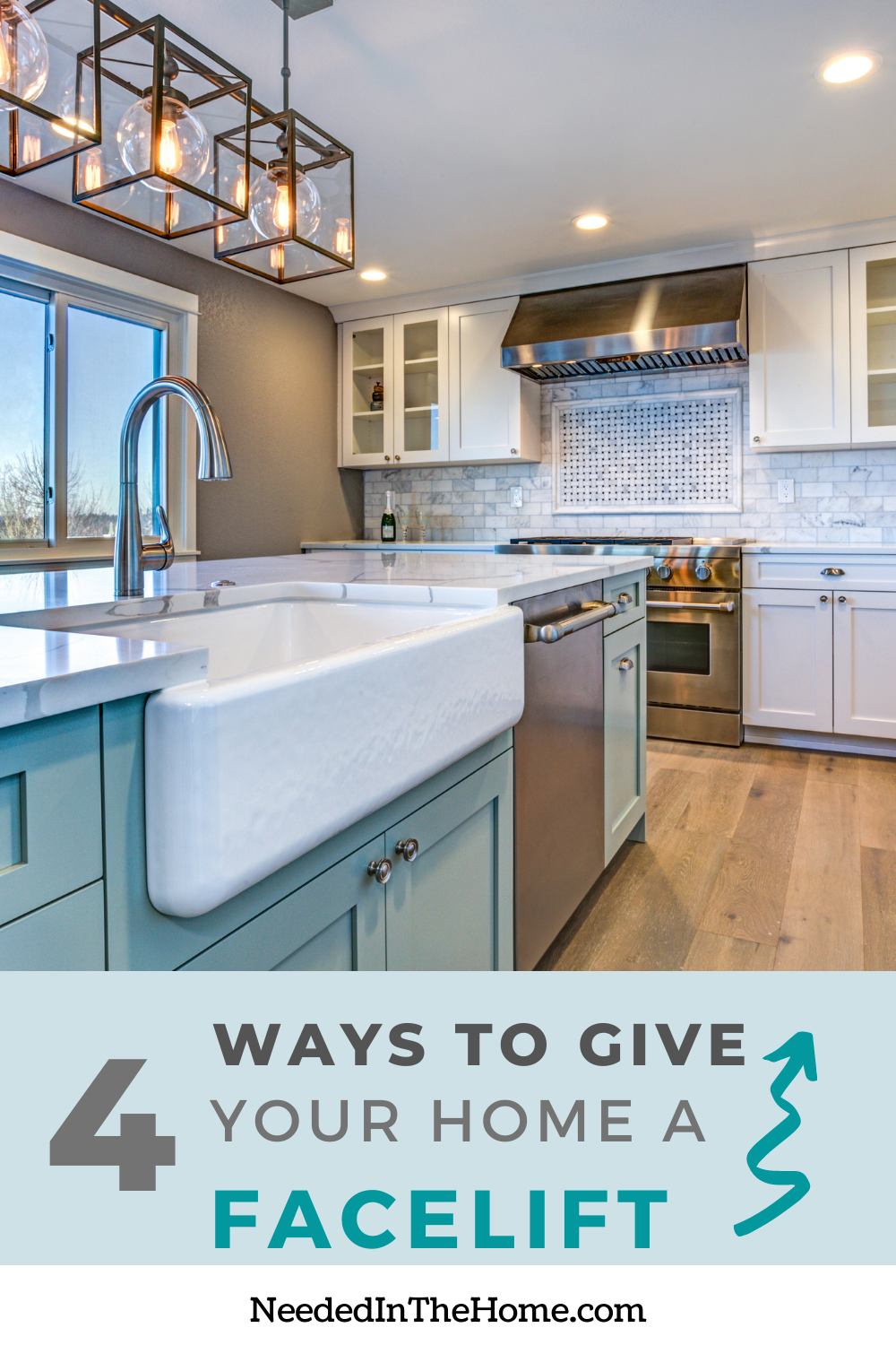 pinterest-pin-description 4 ways to give your home a facelift kitchen aqua lower cupboards cobblestone backsplash neededinthehome