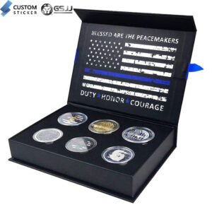custom sticker logo gsjj logo blessed are the peacemakers duty honor courage commemorative six coins in black box lid open