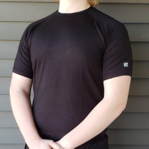 product review borntough workout clothes black shirt on male model front view