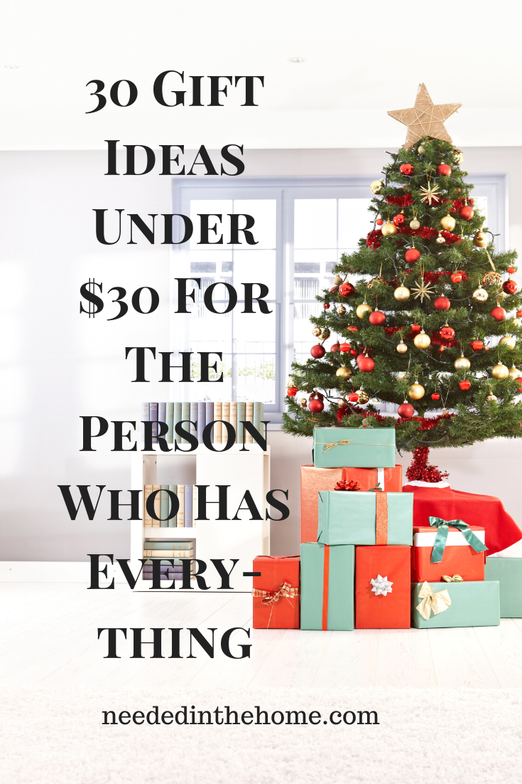 pinterest pin description 30 gift ideas under 30 dollars for the person who has everything christmas tree in front of living room window with wrapped gifts under it