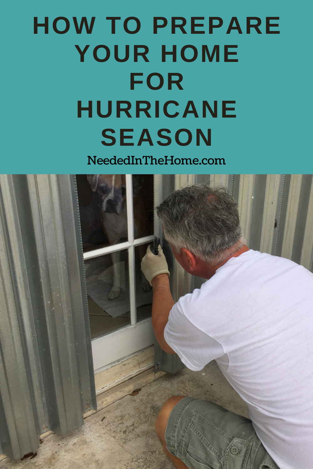 pinterest-pin-description how to prepare your home for hurricane season man covering windows neededinthehome