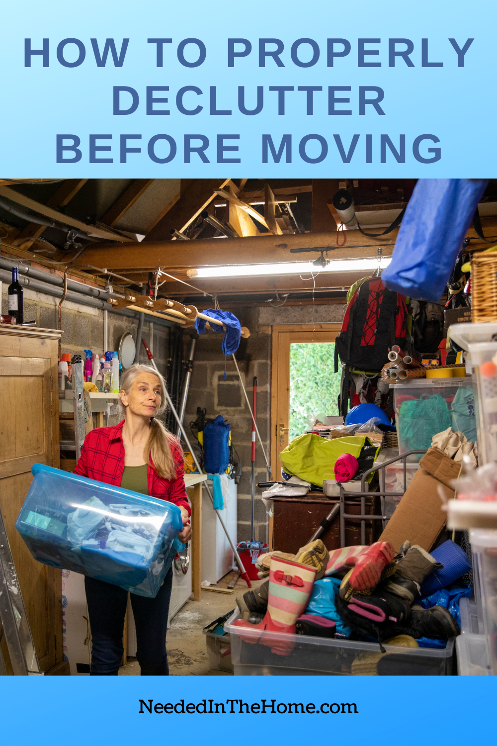 pinterest-pin-description how to properly declutter before moving woman packing her attic room neededinthehome