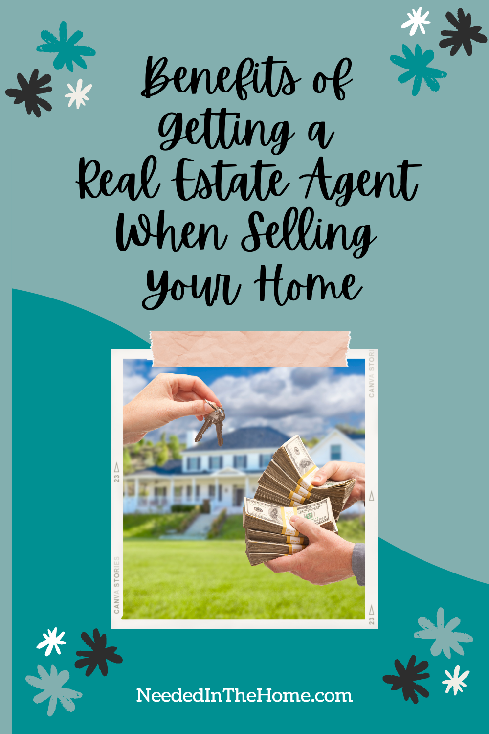 pinterest-pin-description benefits of getting a real estate agent when selling your home hand with keys hands with wads of hundred dollar bills house in background neededinthehome