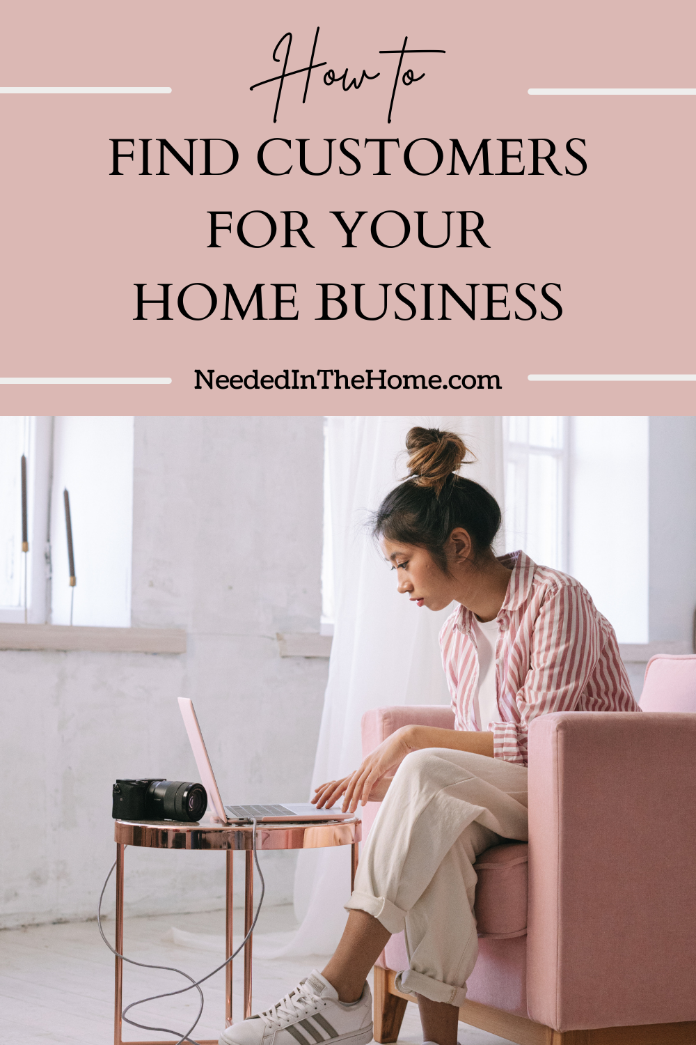 pinterest-pin-description how to find customers for your home business woman typing on laptop in living room neededinthehome