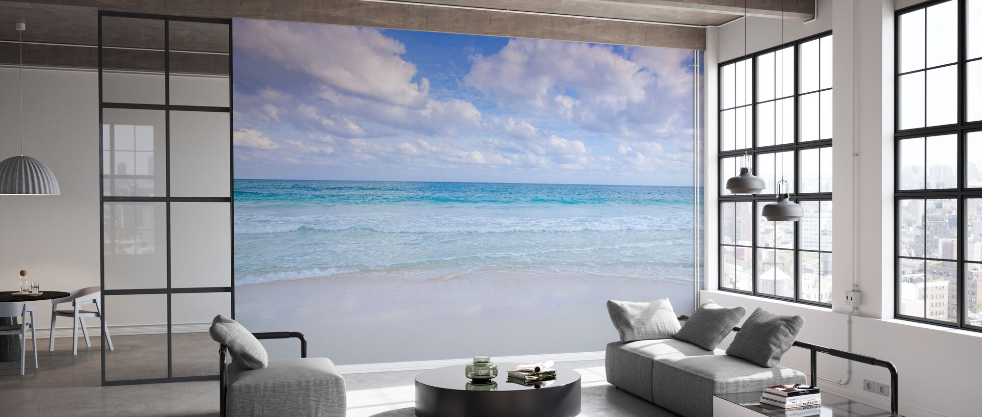 canvas prints from photowall a large photo wall of an ocean scene in a living room with dining room in background