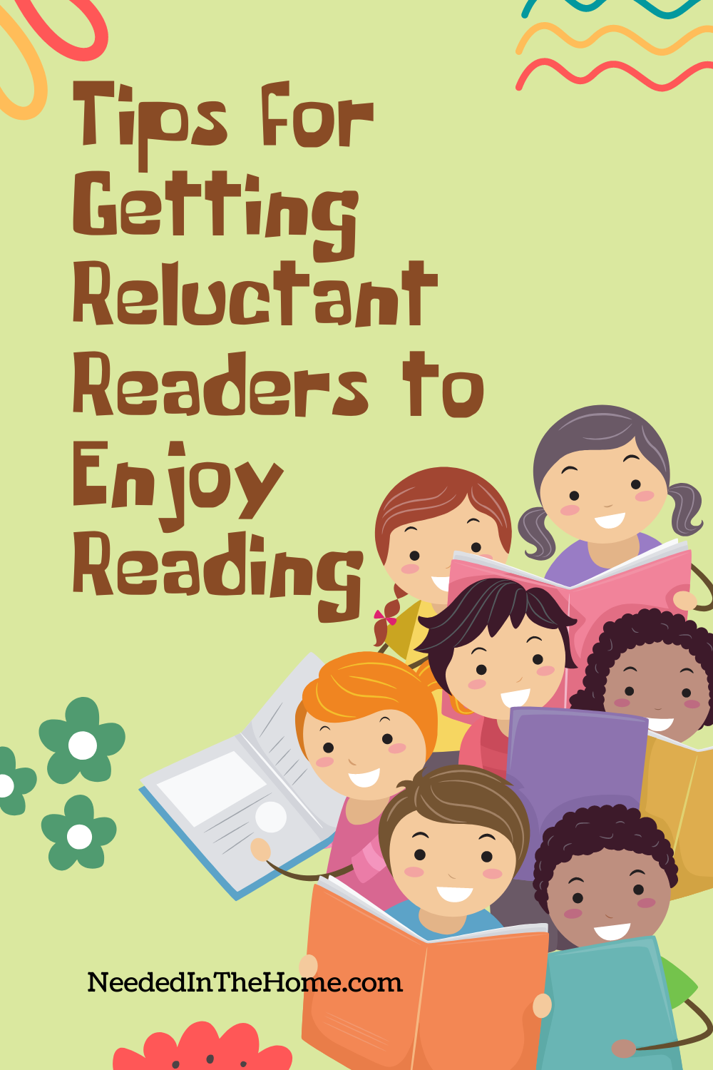 pinterest-pin-description tips for getting reluctant readers to enjoy reading cartoon kids reading books neededinthehome