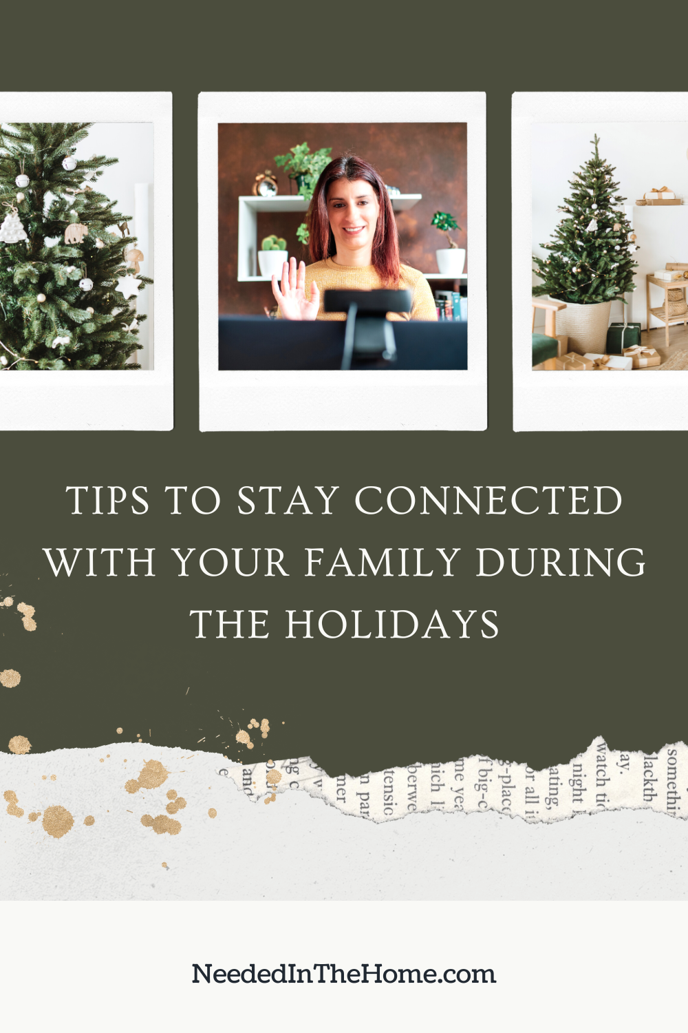 pinterest pin description decorated christmas trees woman waving hi at laptop camera for distant family tips to stay connected with your family during the holidays neededinthehome
