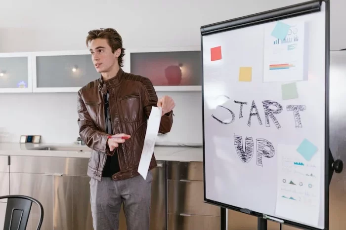 business loved trusted young man making business presentation with charts graphs white board
