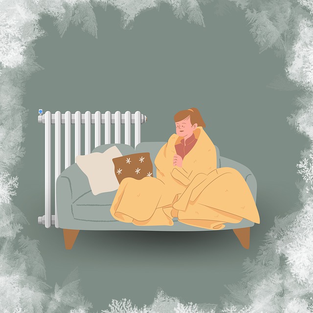 home winter proof drawing of woman covered in blanket on couch next to heater