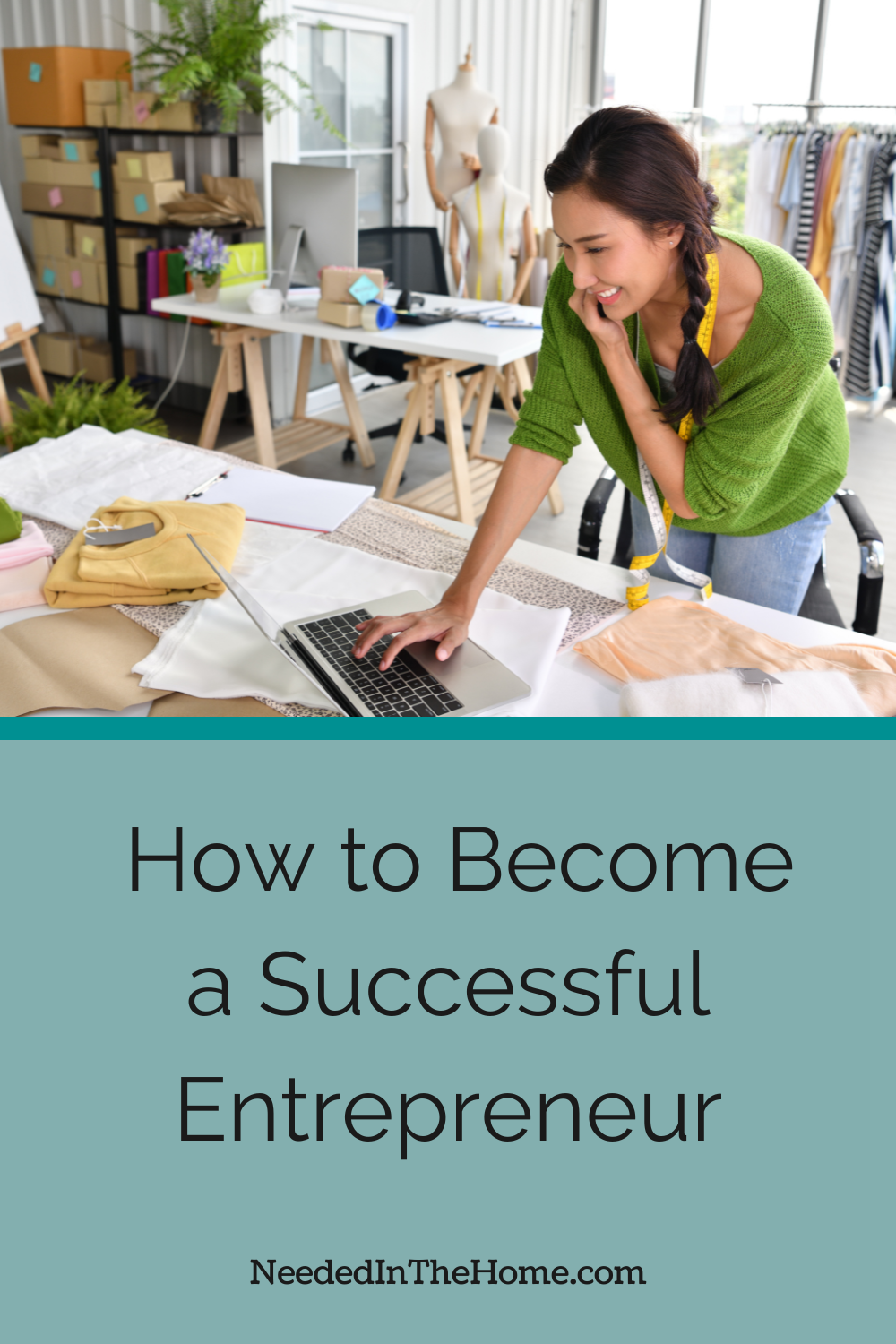 pinterest pin description how to become a successful entrepreneur woman in her home business sewing shop on phone and laptop neededinthehome