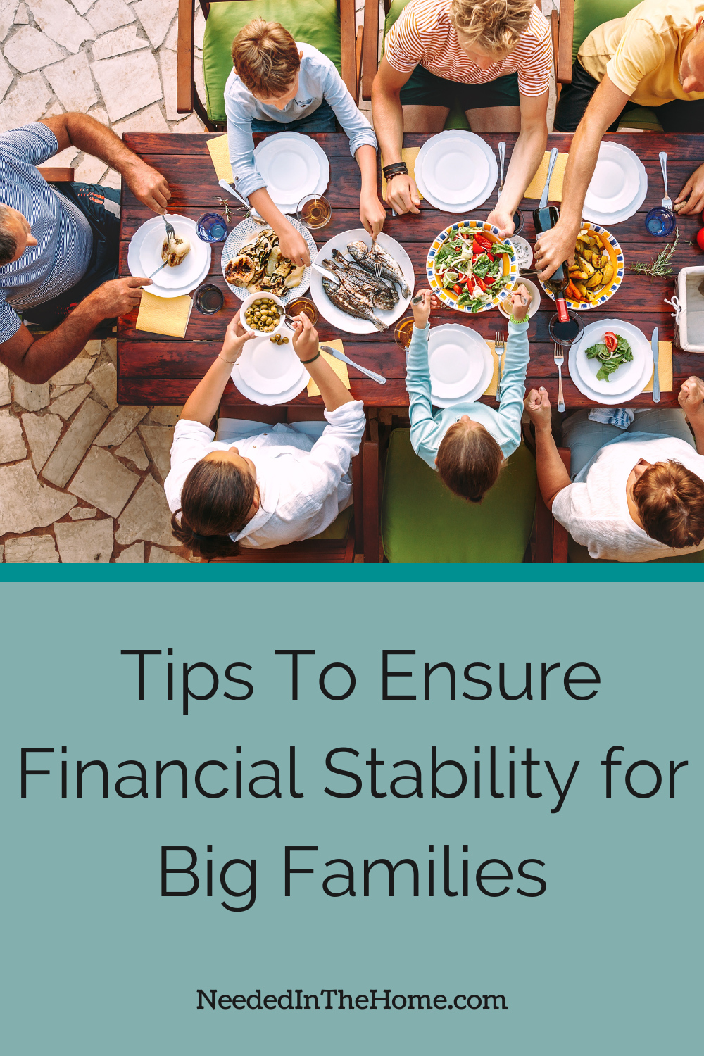 pinterest pin description tips to ensure financial stability for big families large family of seven eating at a picnic table outside neededinthehome